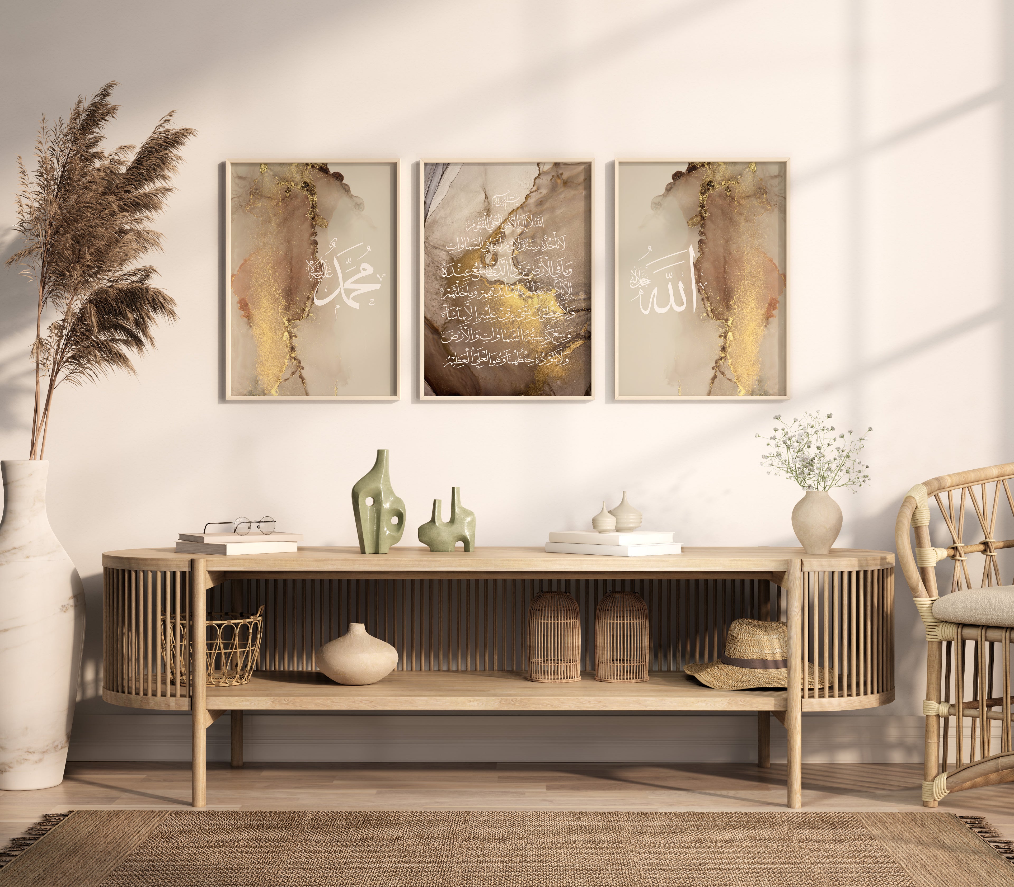 A set of three framed abstract beige marble Islamic wall art posters displayed on a wall in a room with furniture.