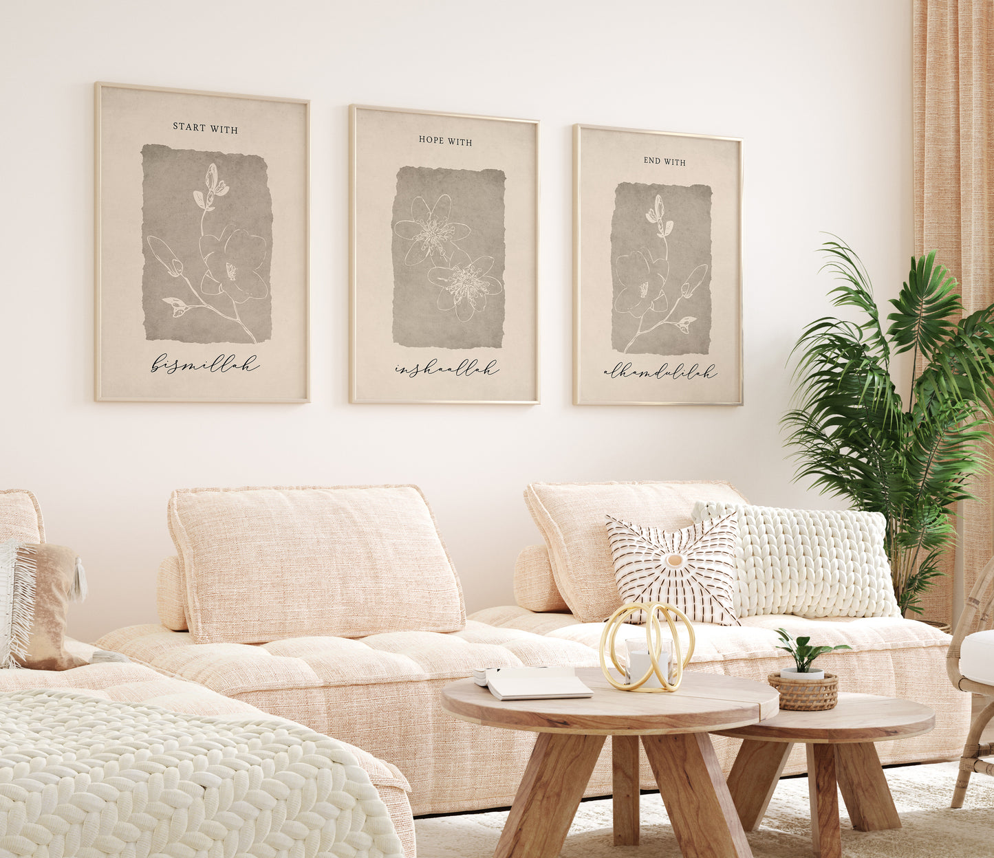 Set of 3 - Start with Bismillah, End with Alhamdulilah Beige - Islamic Wall Art Poster Set