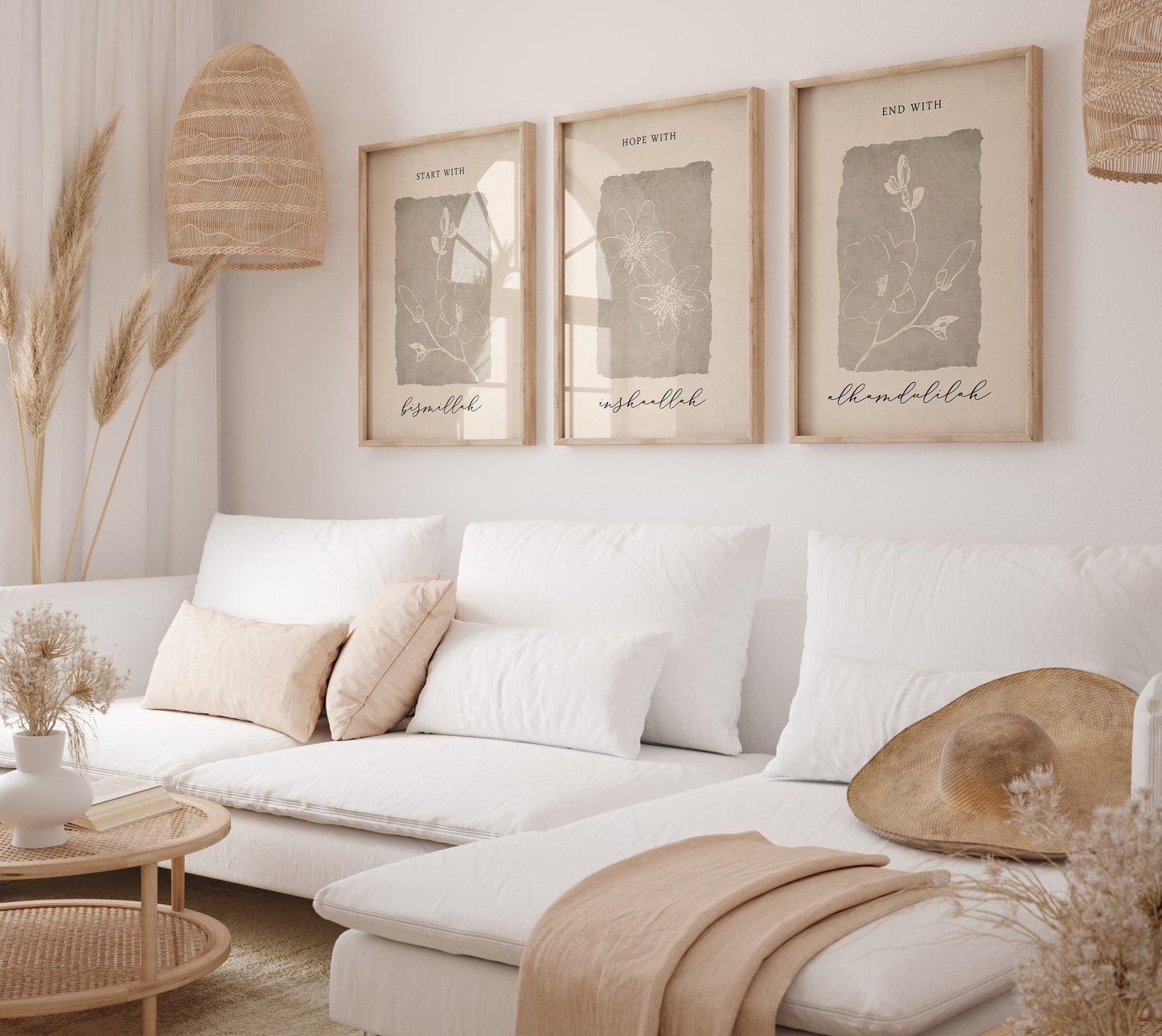 Set of 3 - Start with Bismillah, End with Alhamdulilah Beige - Islamic Wall Art Poster Set