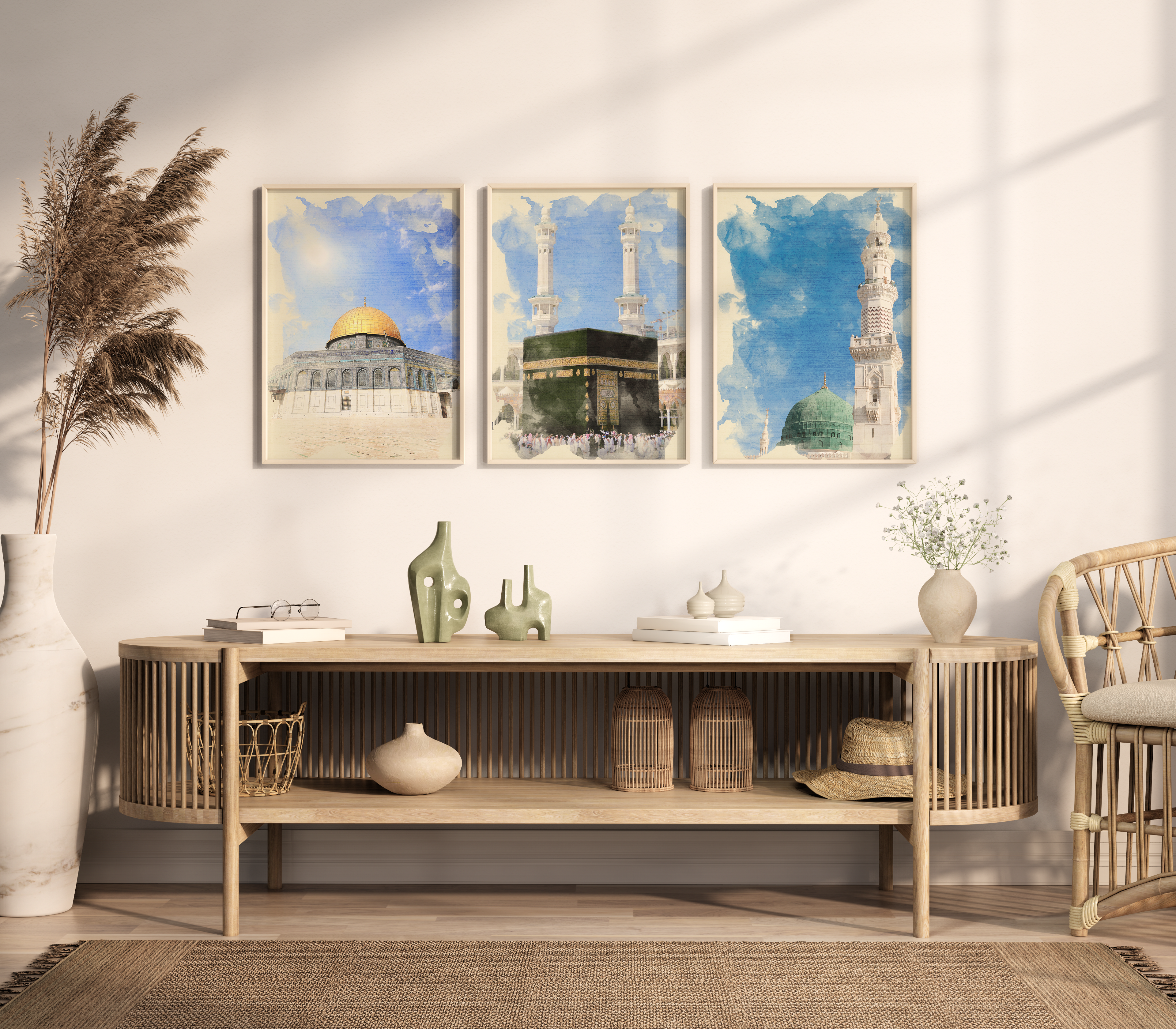 Set of 3 Kaaba, Masjid Nabwi & Dome of The Rock Vintage Islamic Holy Places Wall Art Prints