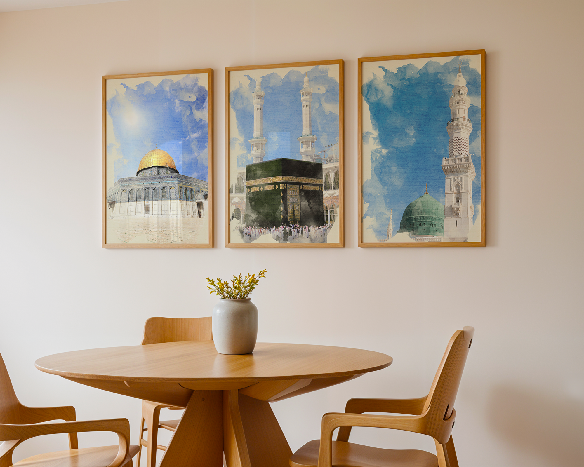 Set of 3 Kaaba, Masjid Nabwi & Dome of The Rock Vintage Islamic Holy Places Wall Art Prints
