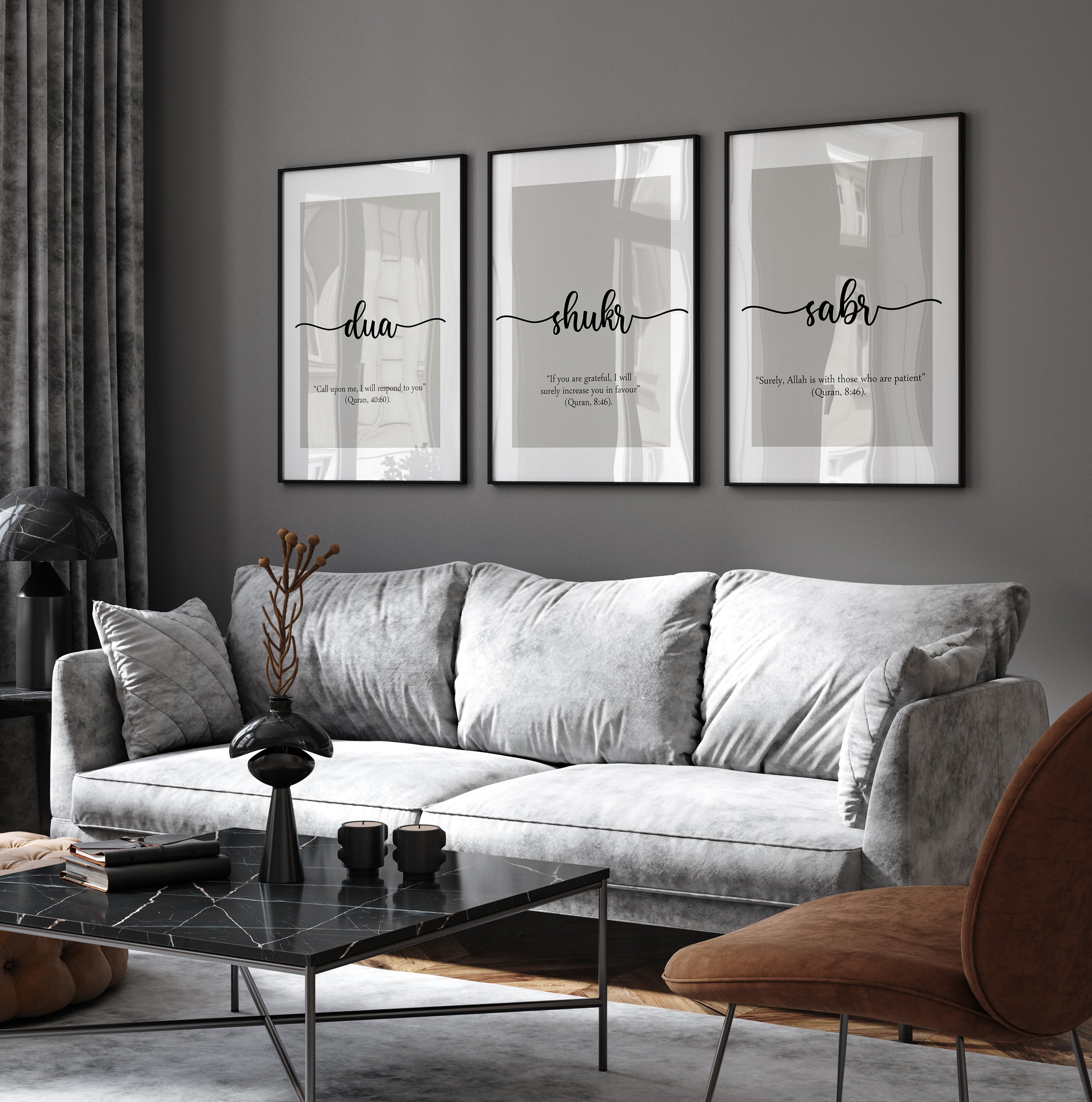 Islamic Wall Art 3x Sabr, Shukr, Dua Calligraphy with Quotes