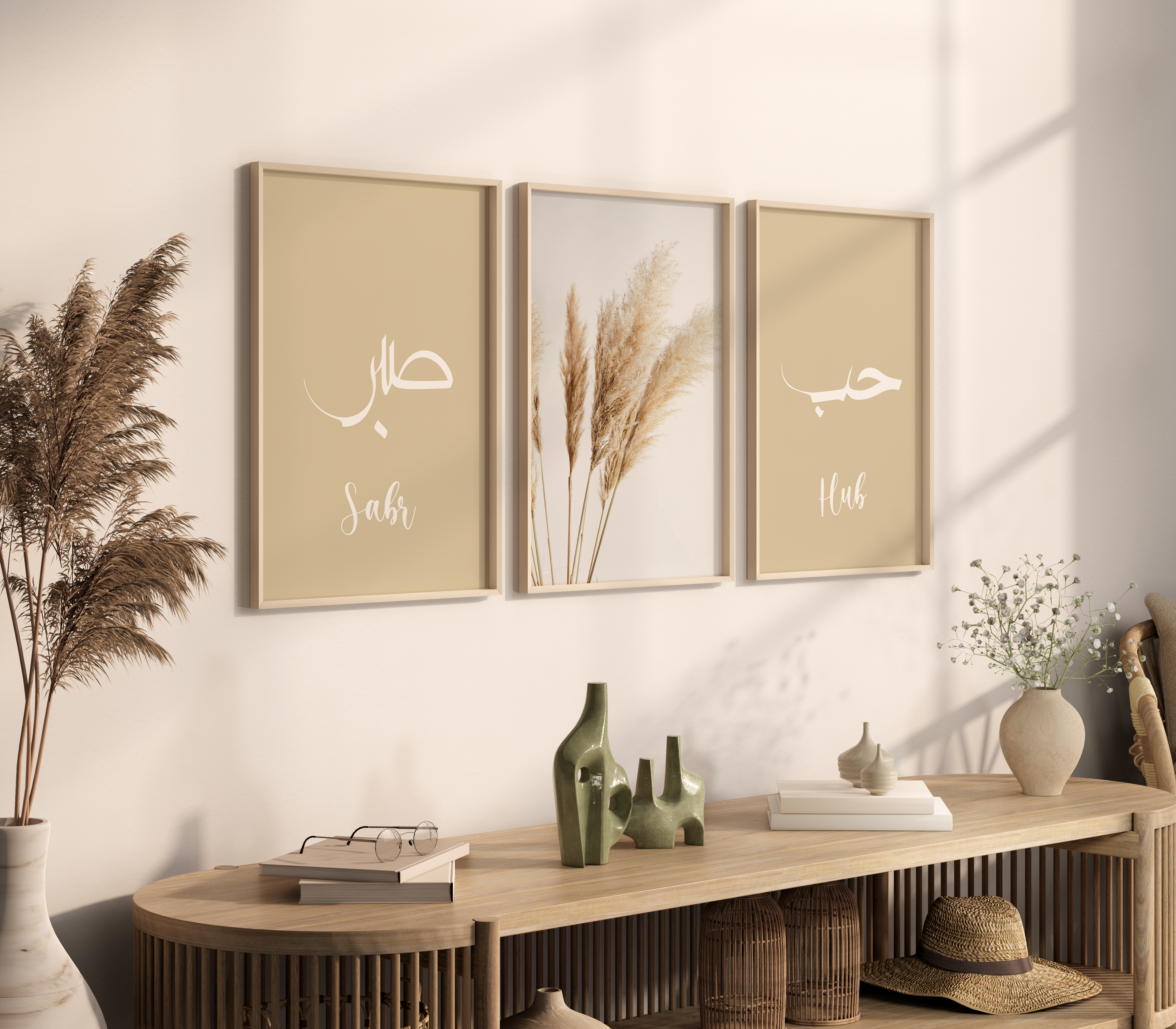 Set of 3 Sabr & Hub Beige Pampas Wall Art