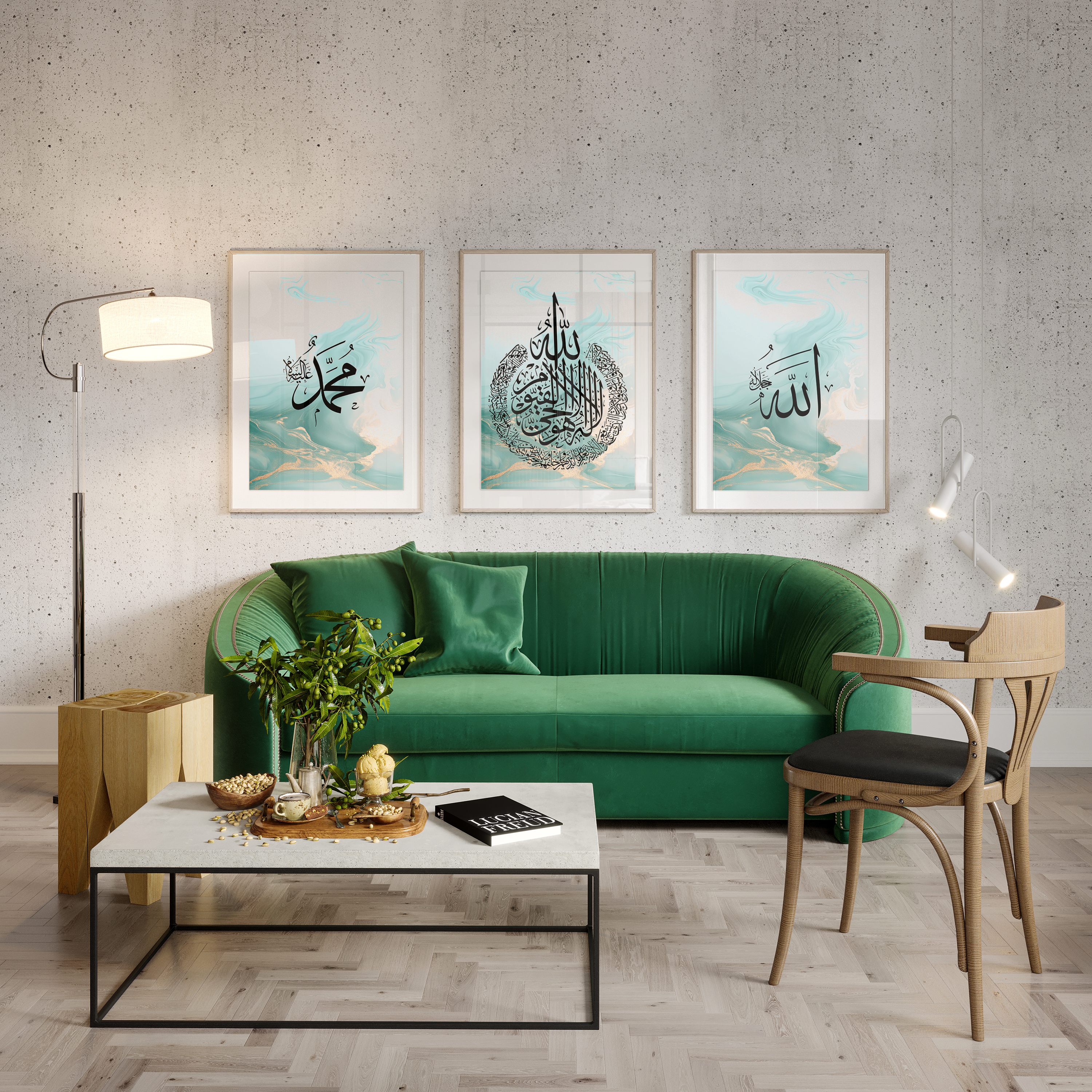 Set of 3 Islamic Wall Art Prints, Allah Ayatul Kursi Muhammad, Green & Gold Alochol ink