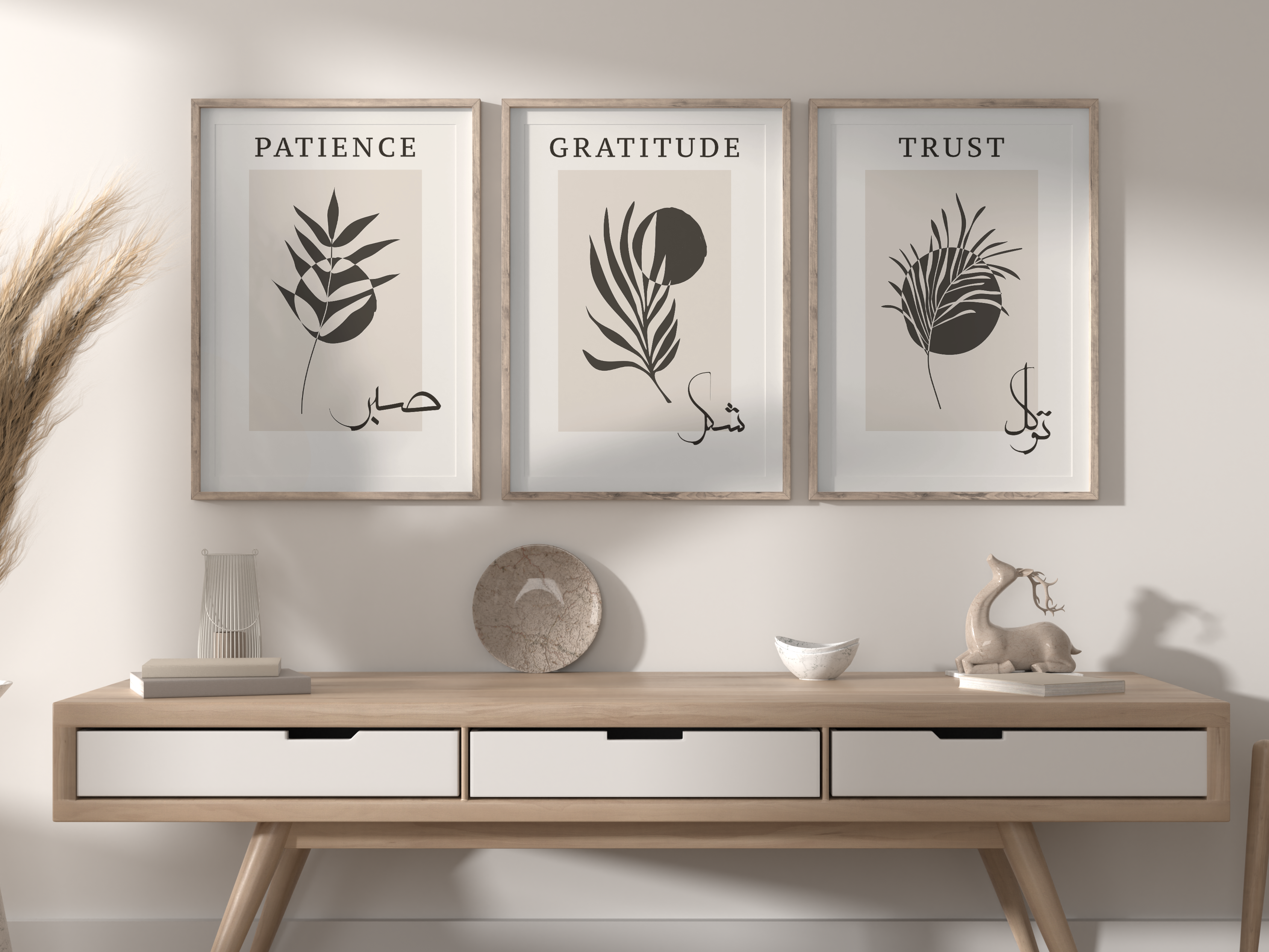 Wooden console table with decorative items and framed wall art in a room.