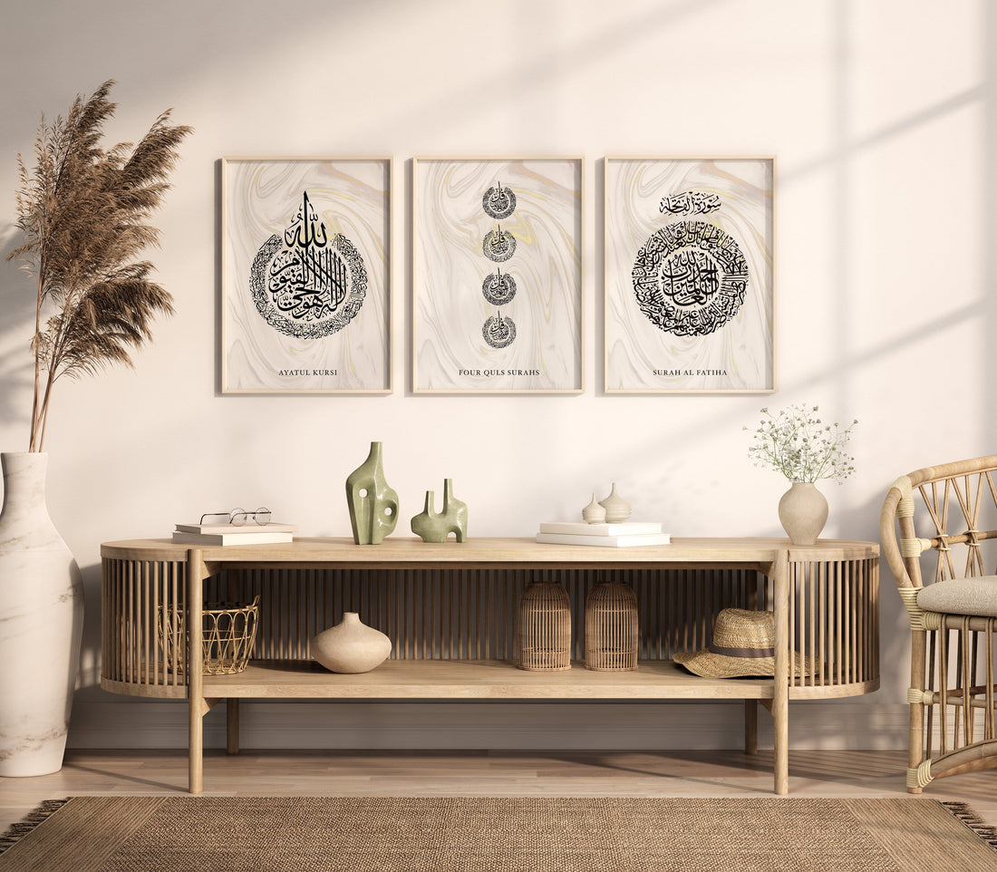 Three coordinated Quran calligraphy prints above a wooden sideboard