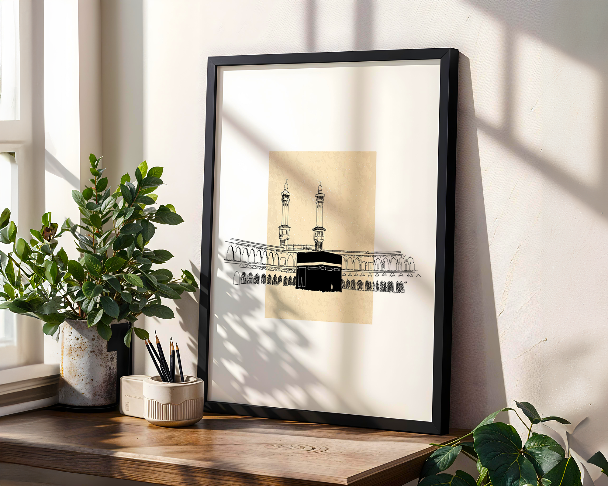 Kaabah Beige Sketch Islamic Wall Art, Arabic Islamic Calligraphy wall art poster