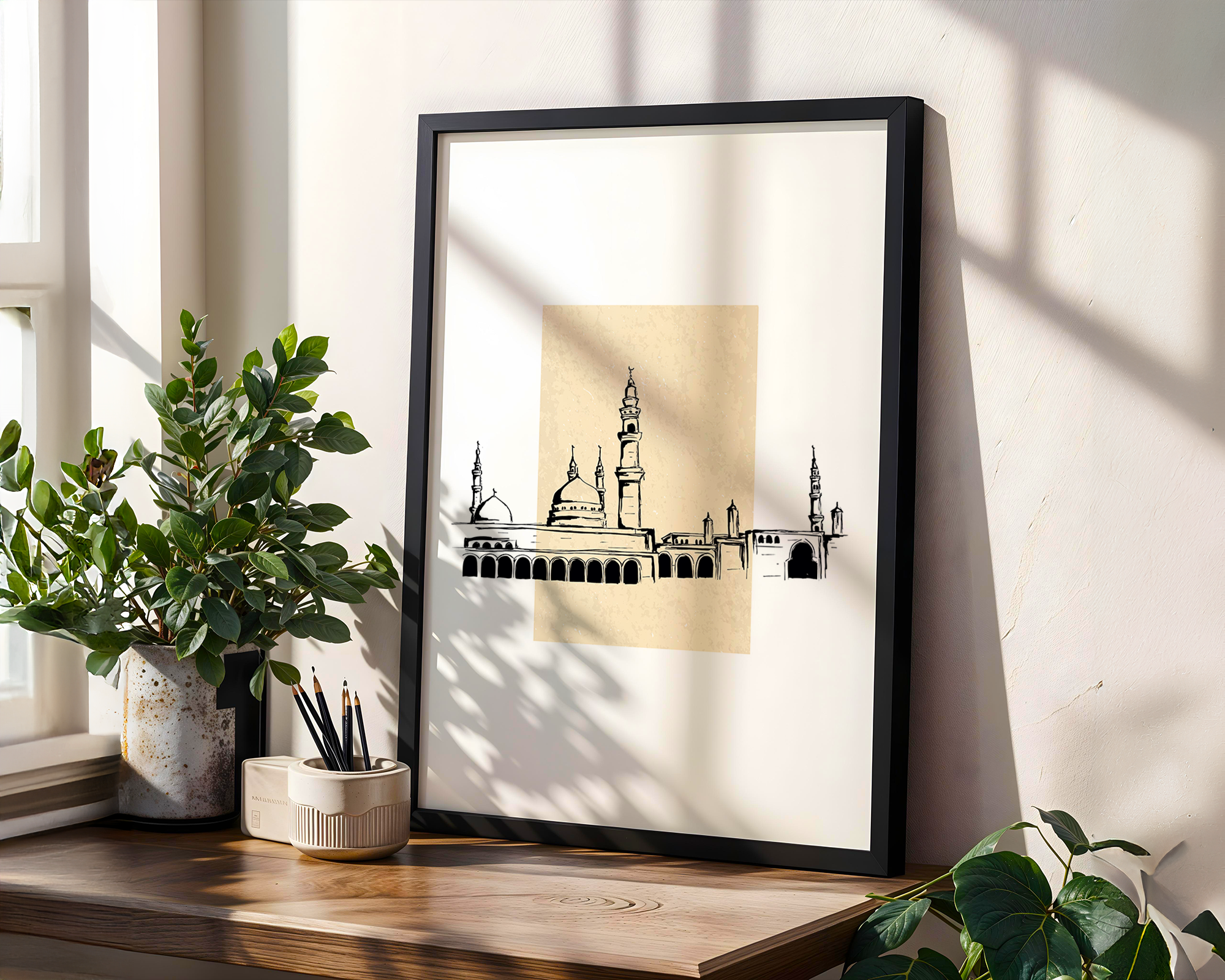 Masjid Beige Sketch Islamic Wall Art, Arabic Islamic Calligraphy wall art poster
