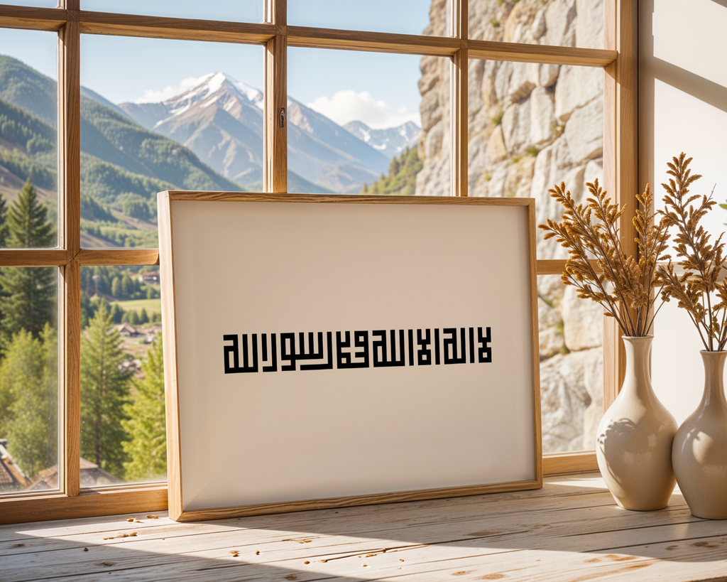 Shahadah Minimal Kufic Calligraphy black & white Islamic wall art poster
