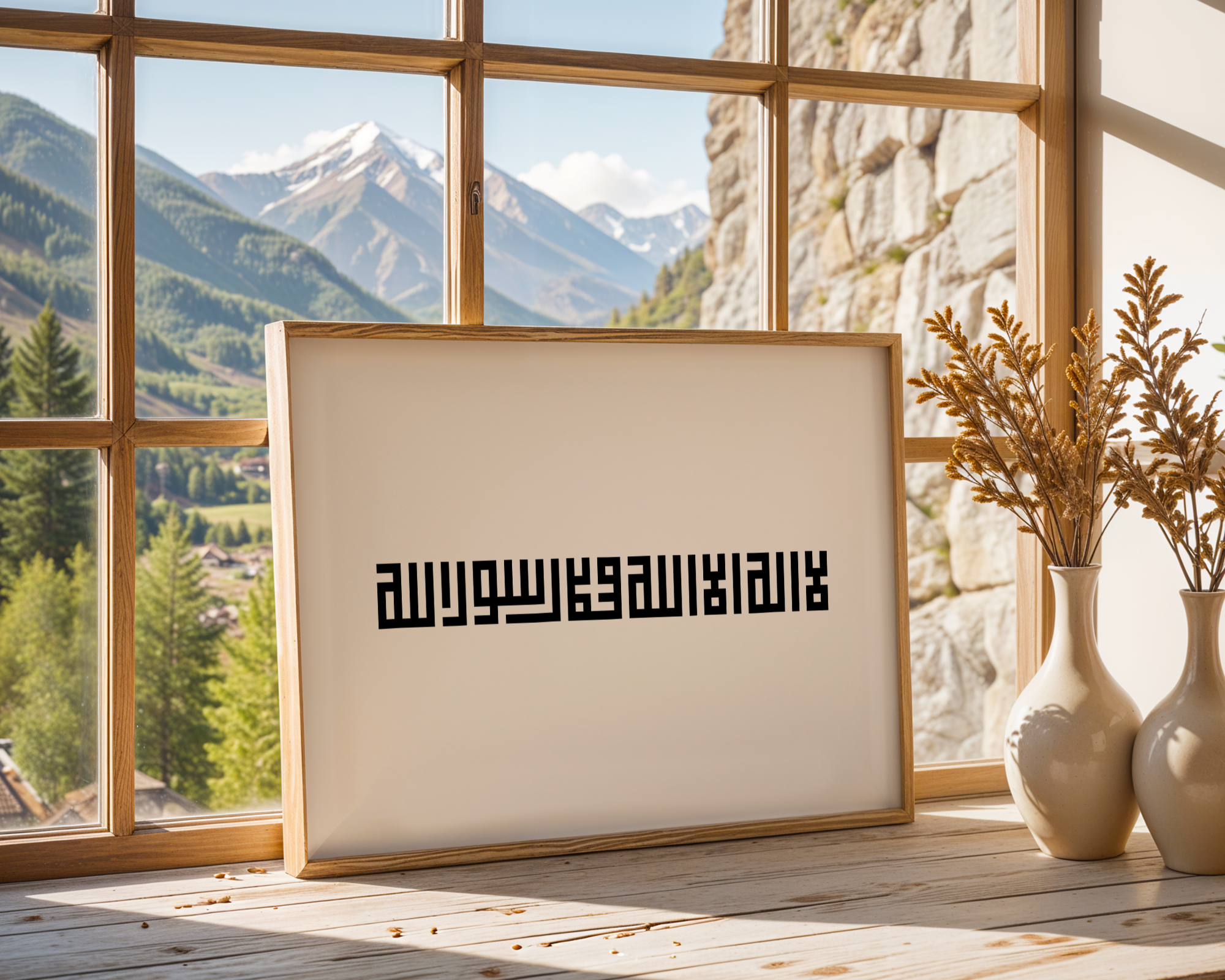 Shahadah Minimal Kufic Calligraphy black & white Islamic wall art poster