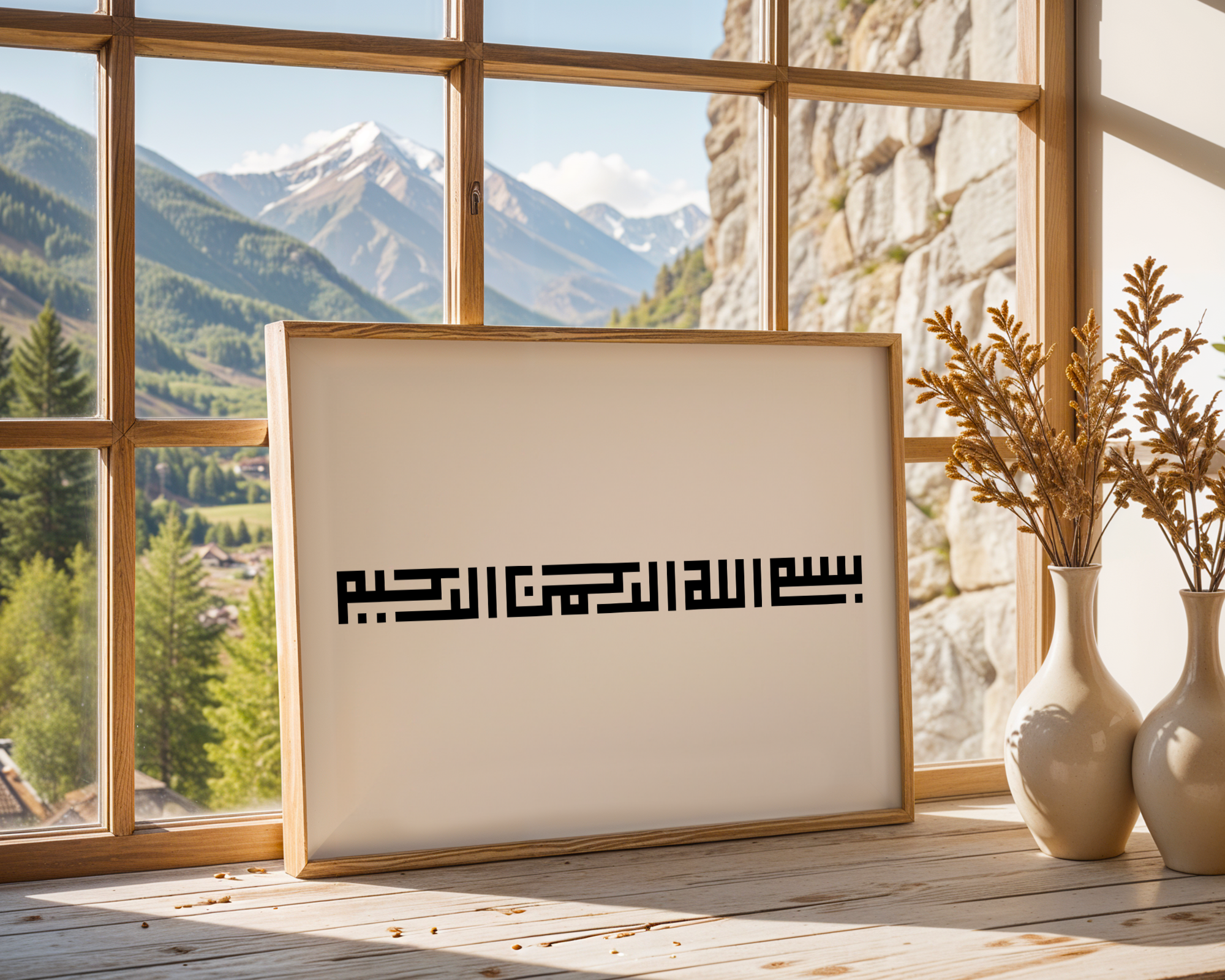 Bismillah Minimal Kufic Calligraphy black & white Islamic wall art poster