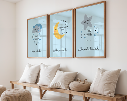 Set of 3 Start With Bismillah Blue Islamic Nursery Wall Art Islamic Decor