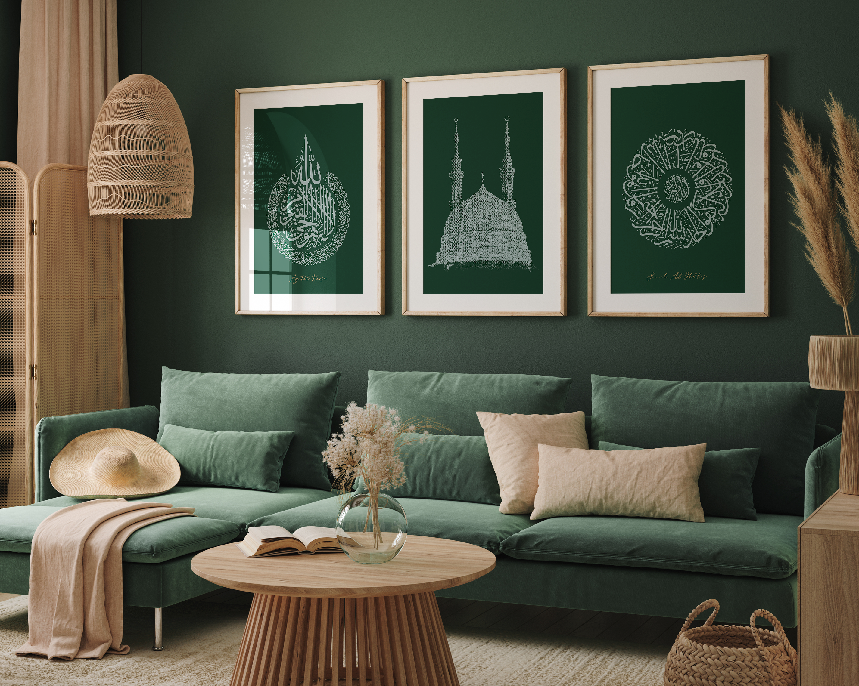 Islamic Wall Art 3x Ayatul Kursi, Masjid Nabwi, Surah Al Ikhlas Emerald Green