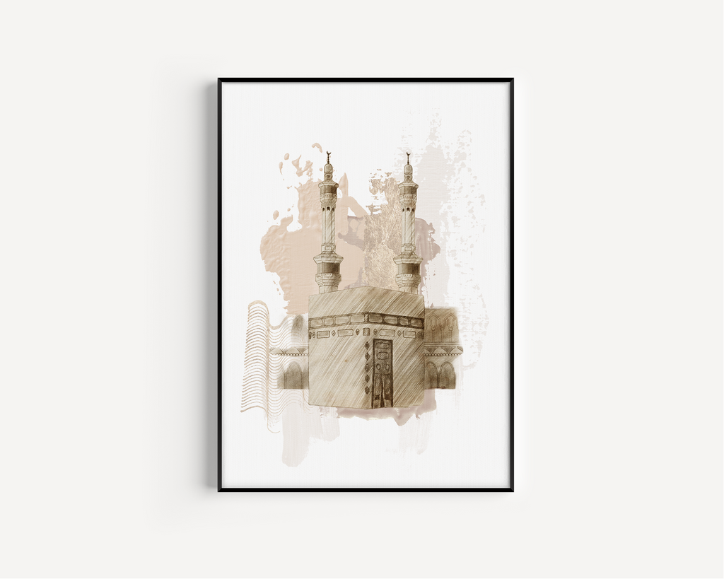 Kaabah Beige Paint Effect Calligraphy Islamic Wall Art, Arabic Islamic Calligraphy wall art poster