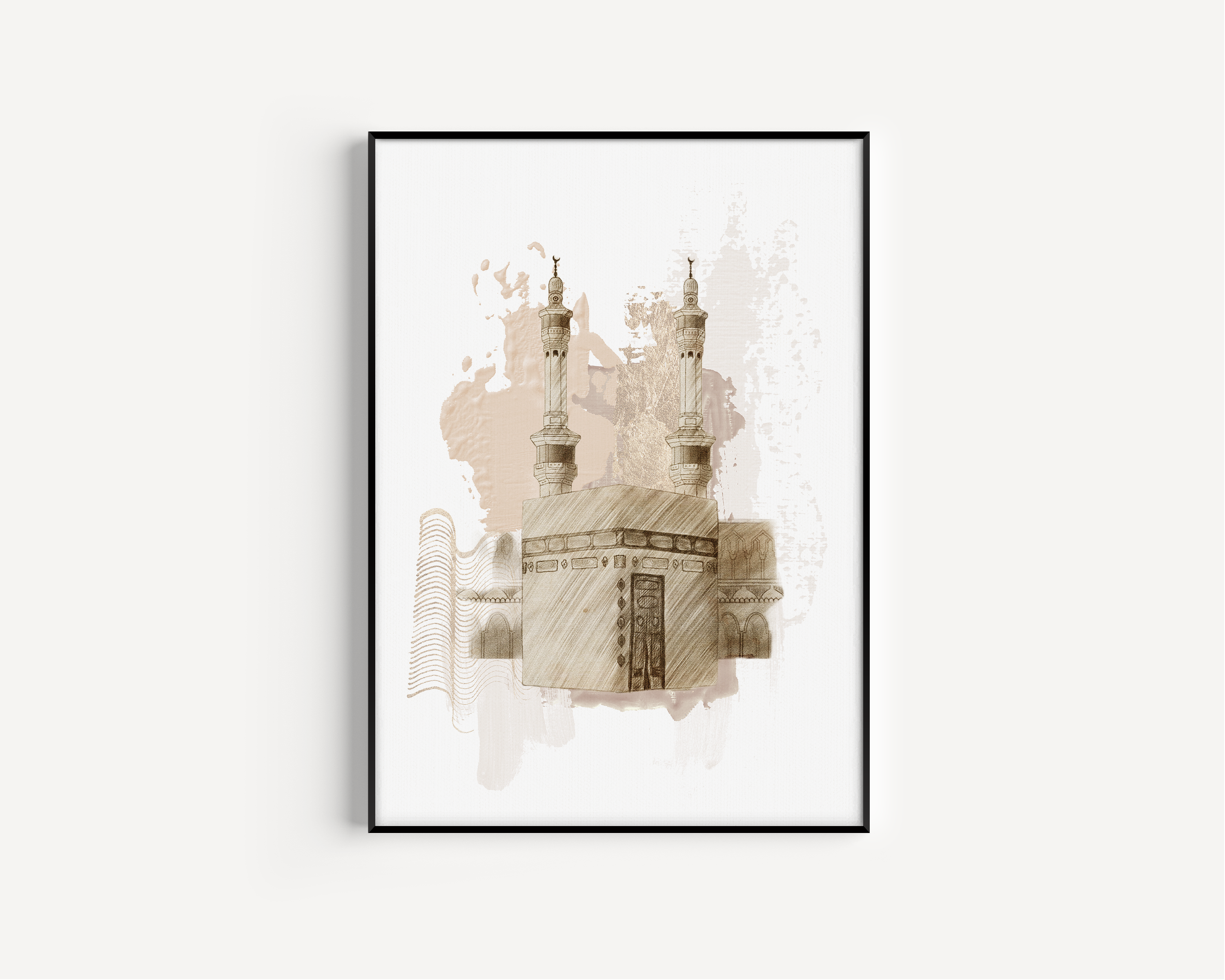 Kaabah Beige Paint Effect Calligraphy Islamic Wall Art, Arabic Islamic Calligraphy wall art poster