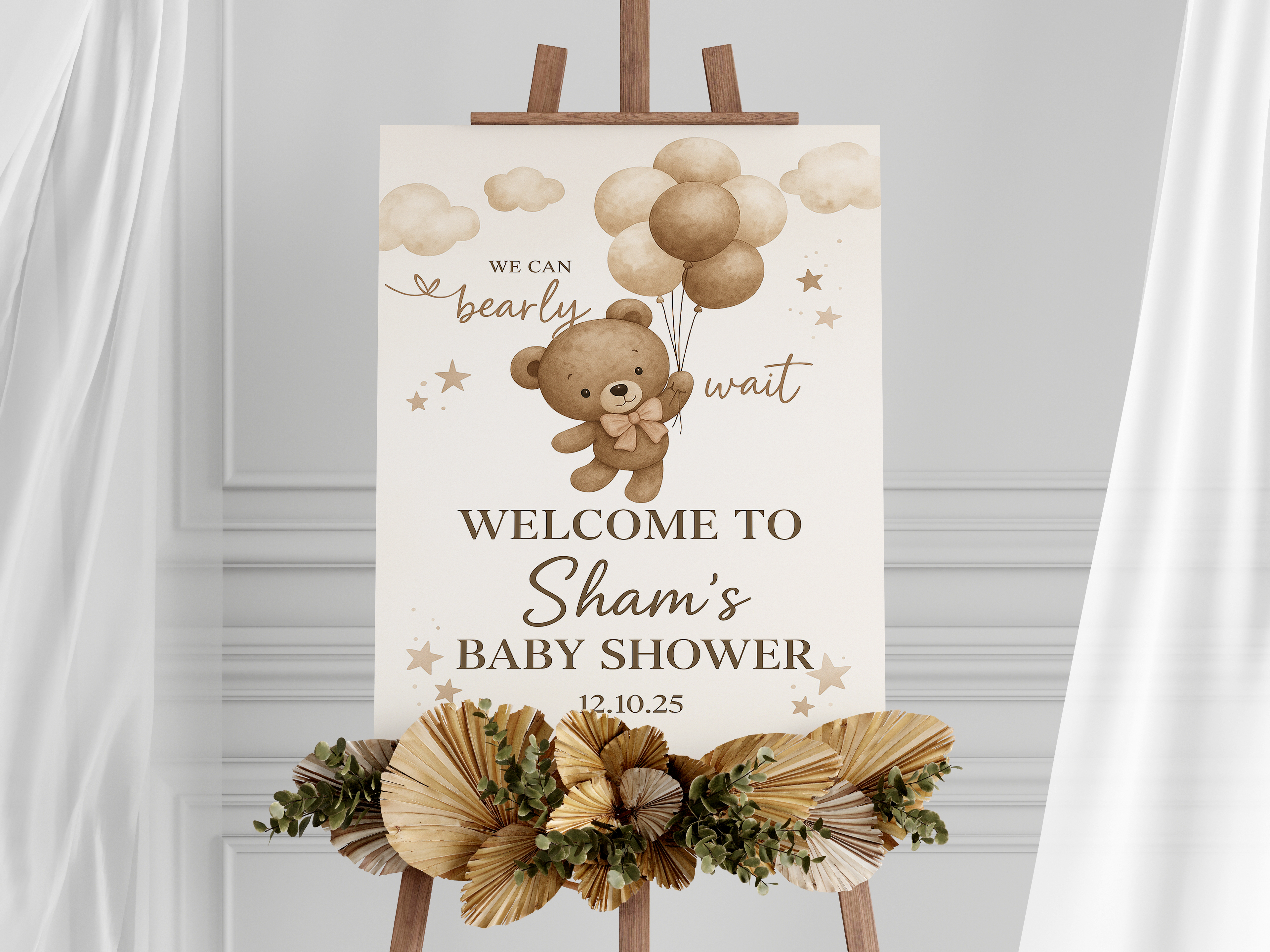 Custom Baby Shower Welcome Sign, We can Bearly Wait Teddy with Balloons Welcome Poster