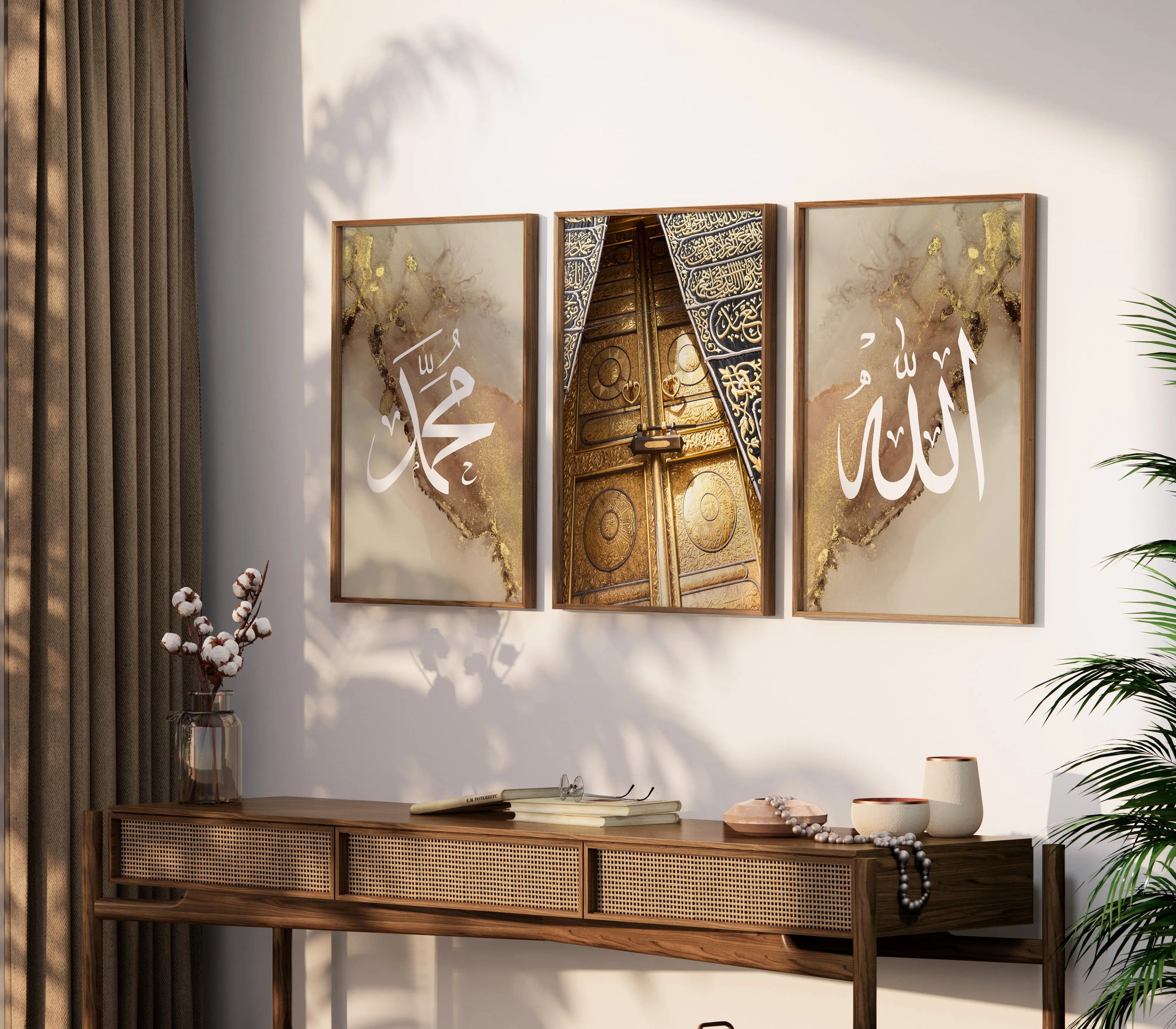 Islamic Wall Art 3x Allah, Gold Kaabah, Muhammad Calligraphy