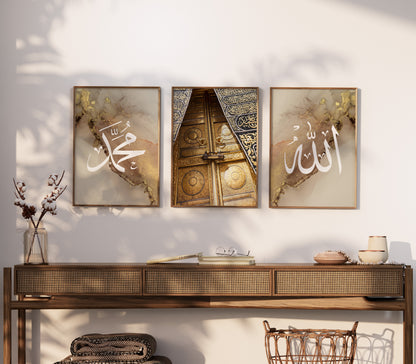 Set of 3 - Allah, Gold Kaabah Poster, Muhammad Calligraphy - Islamic Wall Art Poster Set