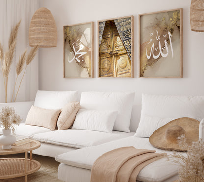 Set of 3 - Allah, Gold Kaabah Poster, Muhammad Calligraphy - Islamic Wall Art Poster Set