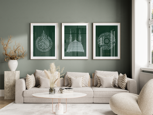 Set of 3 - Ayatul Kursi, Masjid Nabwi, Surah Al Ikhlas Emerald Green - Islamic Wall Art Poster Set