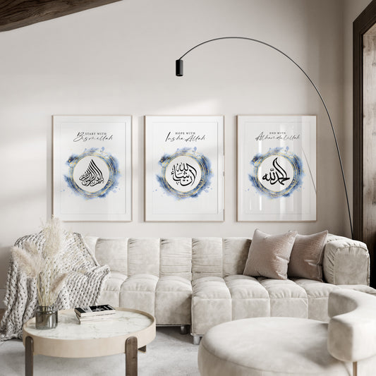 Set of 3 - Start with Bismillah | Hope with InshaAllah | End with Alhamdulillah - Islamic Wall Art Poster Set