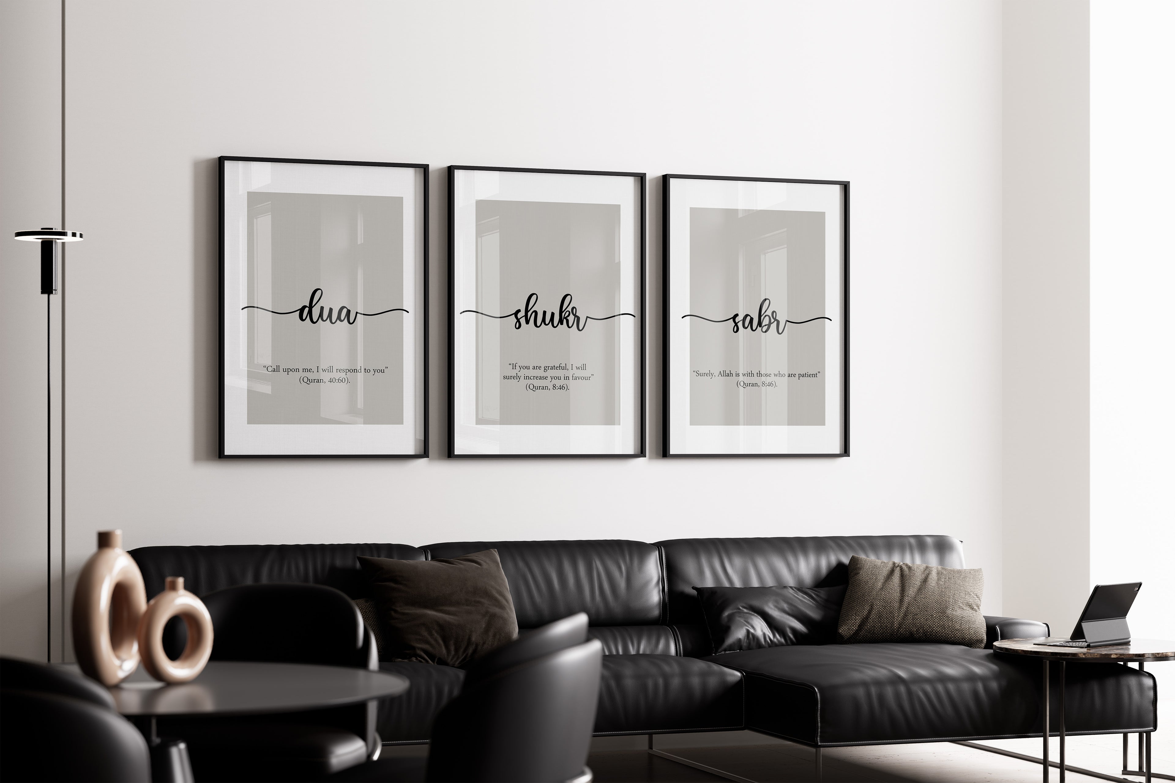 Islamic Wall Art 3x Sabr, Shukr, Dua Calligraphy with Quotes