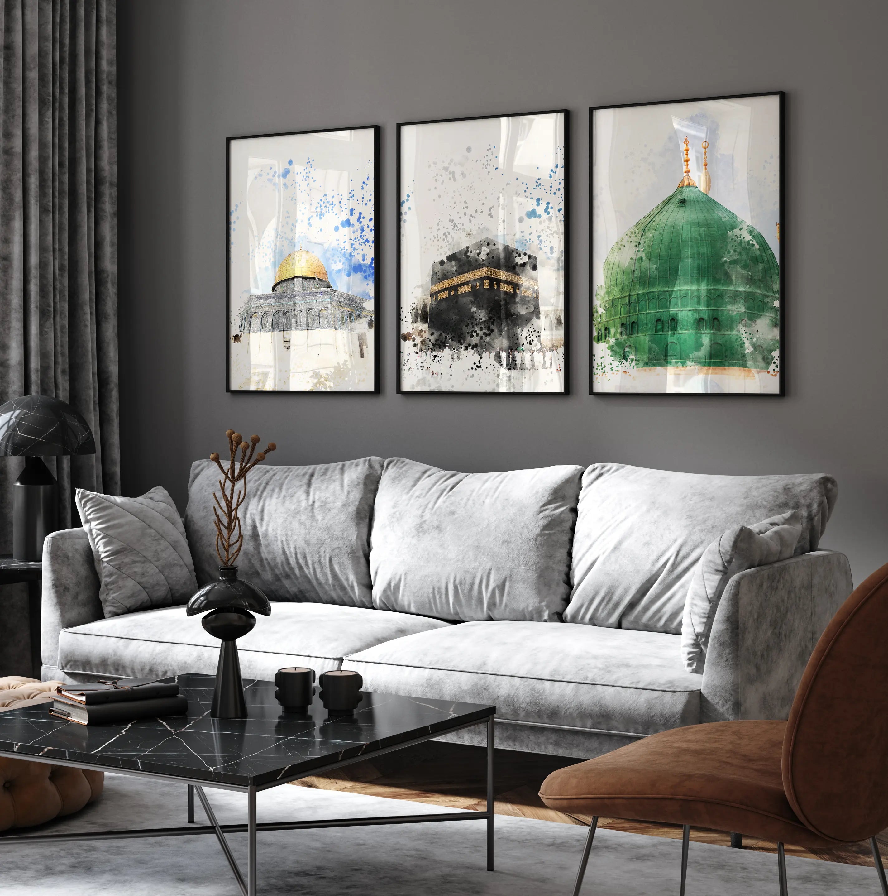 Islamic Wall Art 3x Masjid Al Haram | Masjid An-Nabawi | Masjid Al Aqsa Watercolour Art
