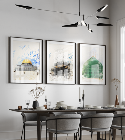 Set of 3 - Masjid Al Haram | Masjid An-Nabawi | Masjid Al Aqsa Watercolour - Islamic Wall Art Poster Set