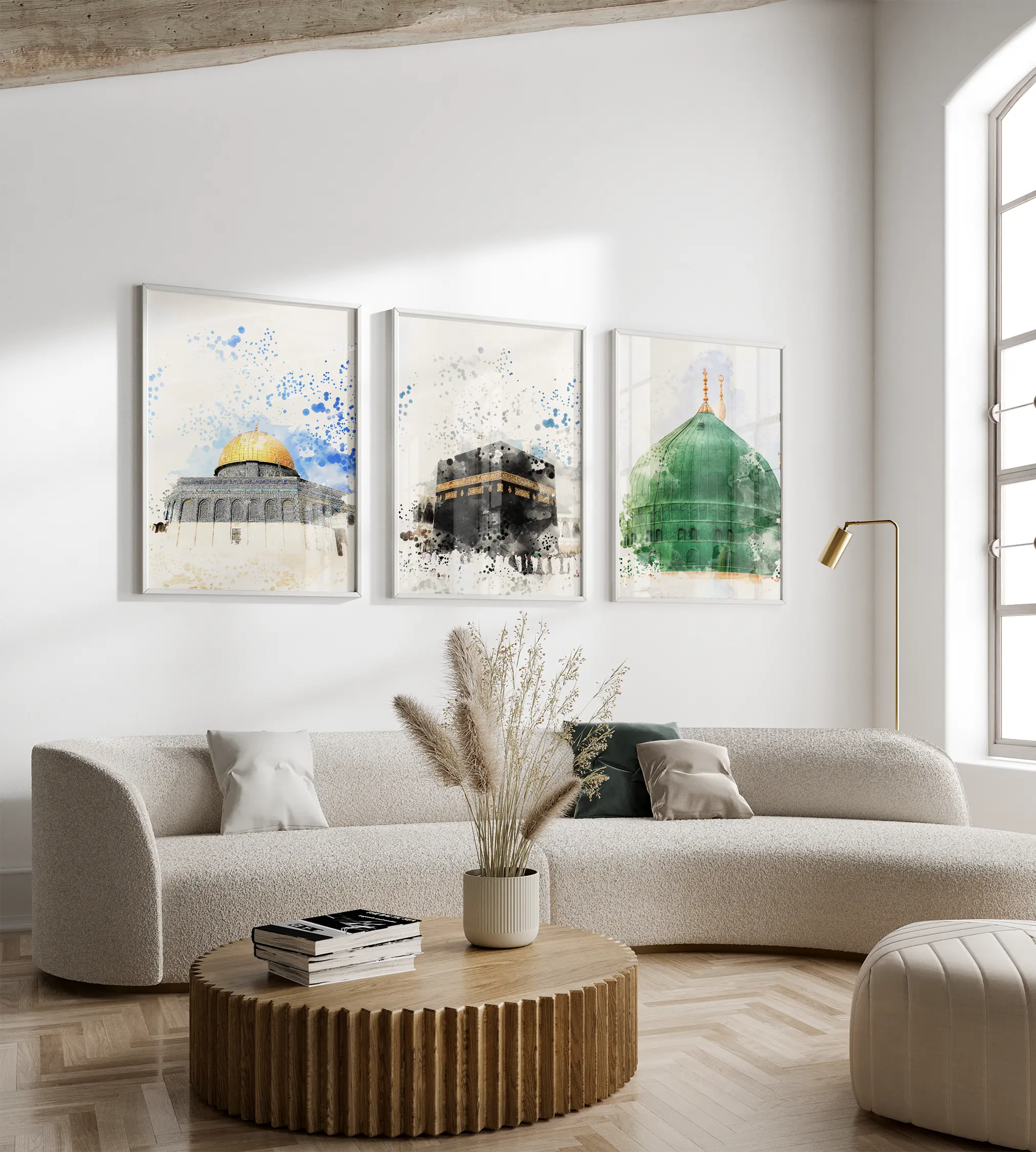 Islamic Wall Art 3x Masjid Al Haram | Masjid An-Nabawi | Masjid Al Aqsa Watercolour Art