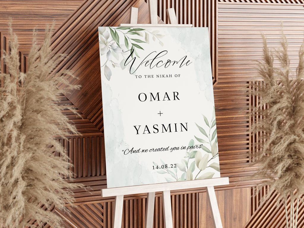 Personalised Welcome to Nikkah Sign, Wedding Welcome Sign, Green Foliage Design, Sizes A3, A2 or A1 – Poster or Foamboard
