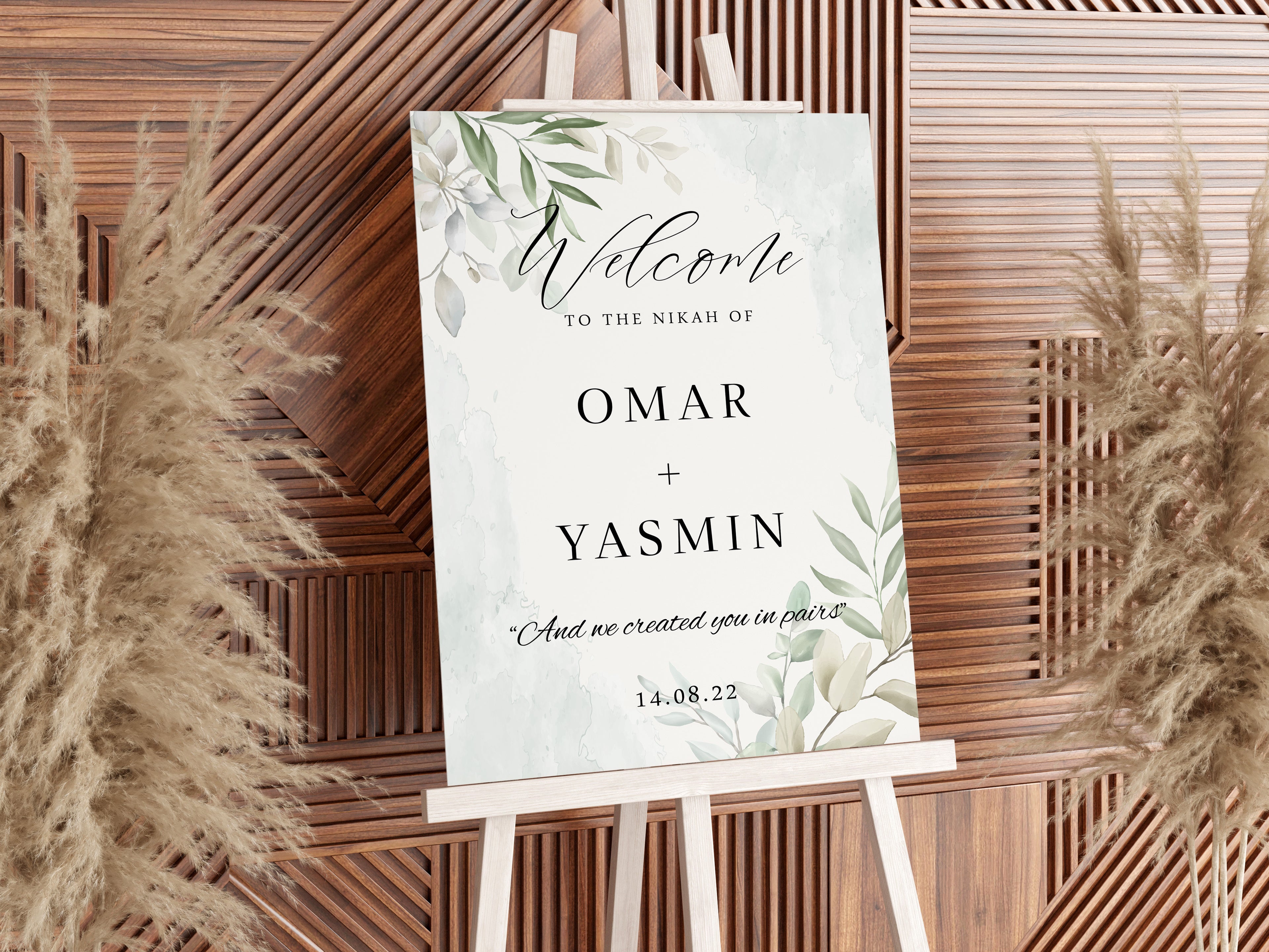 Personalised Welcome to Nikkah Sign, Wedding Welcome Sign, Green Foliage Design, Sizes A3, A2 or A1 – Poster or Foamboard