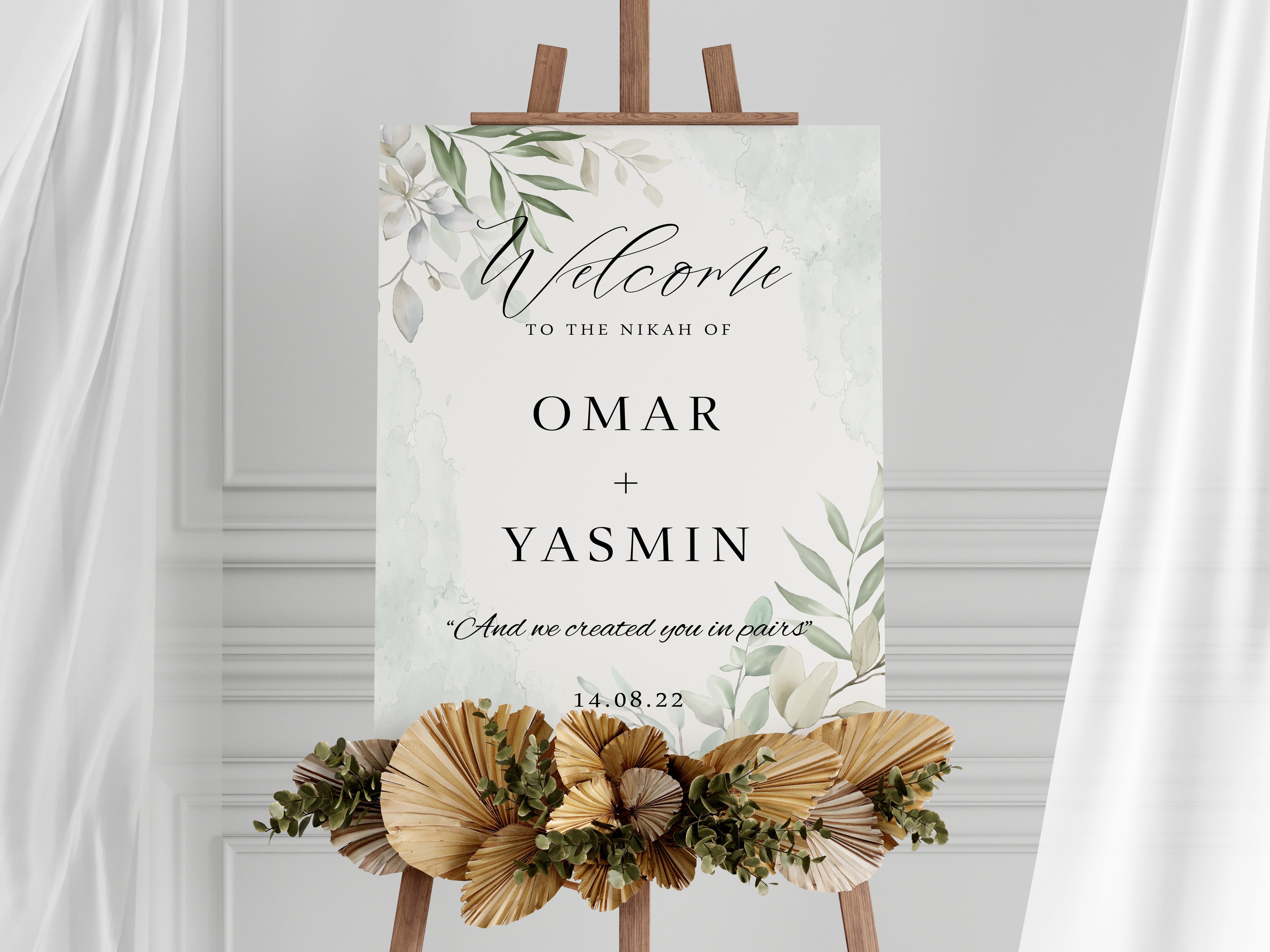 Personalised Welcome to Nikkah Sign, Wedding Welcome Sign, Green Foliage Design, Sizes A3, A2 or A1 – Poster or Foamboard