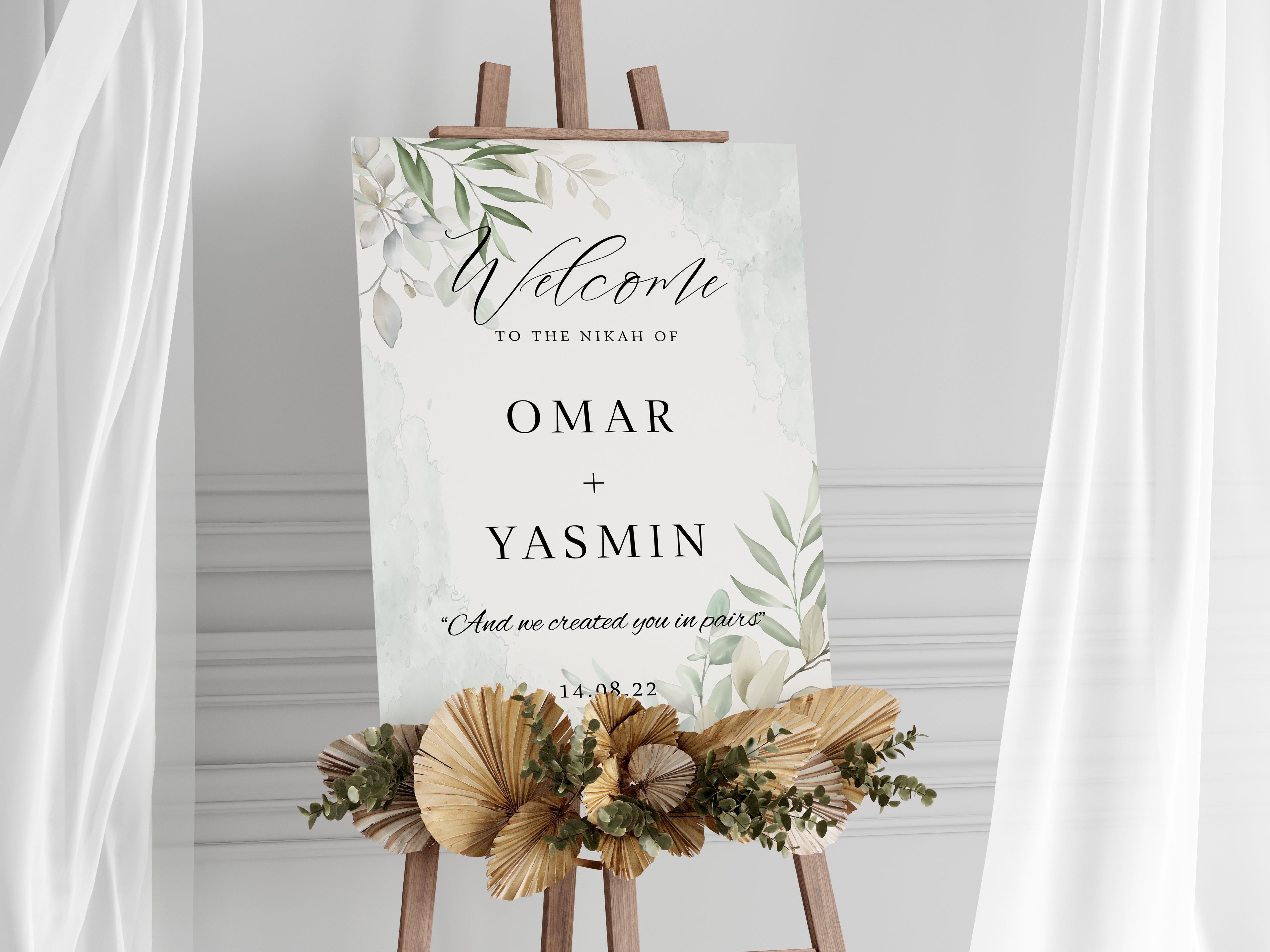 Personalised Welcome to Nikkah Sign, Wedding Welcome Sign, Green Foliage Design, Sizes A3, A2 or A1 – Poster or Foamboard