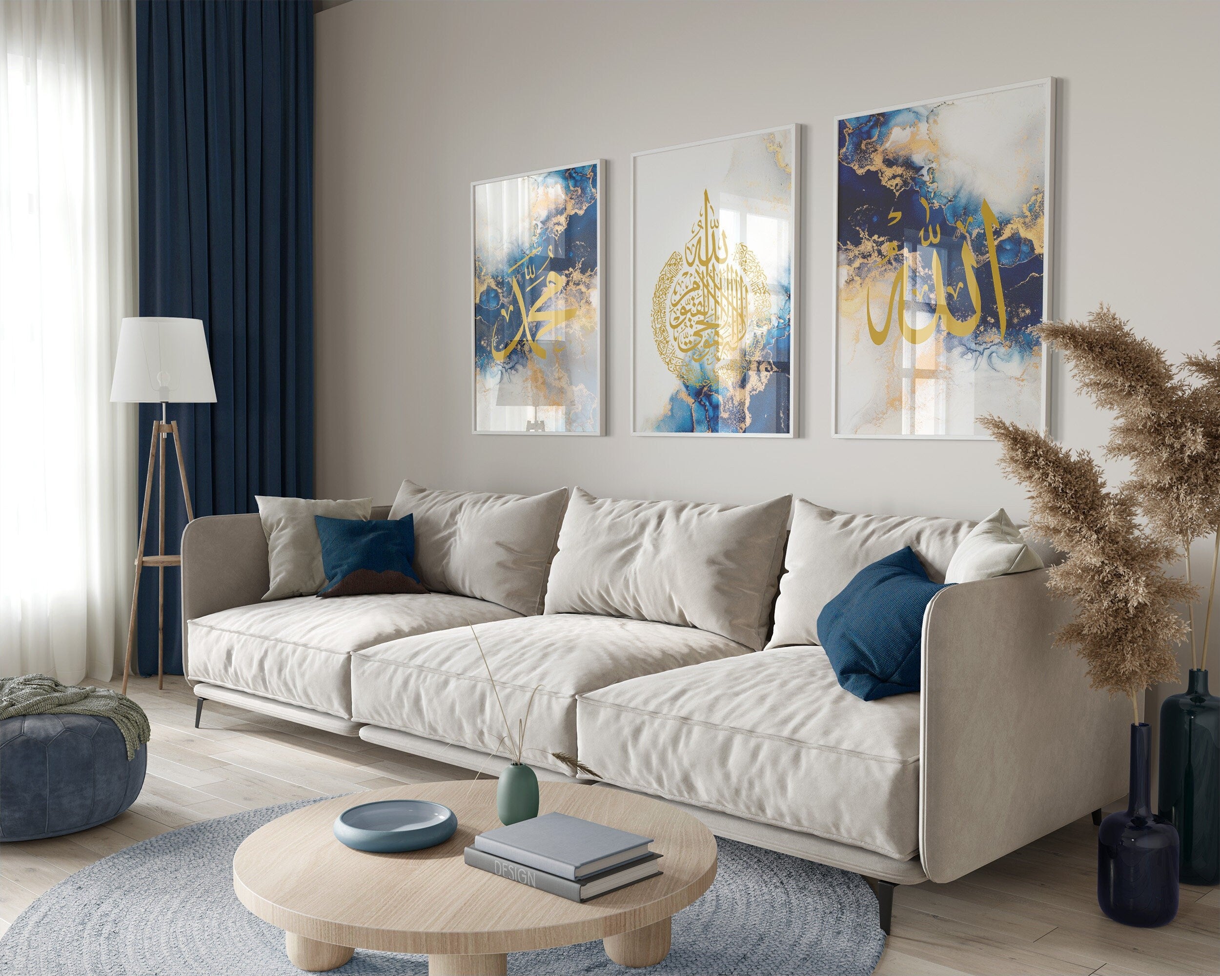 Islamic Wall Art 3x Royal Blue & Gold Muahammad, Ayatul Kursi & Allah Arabic Calligraphy